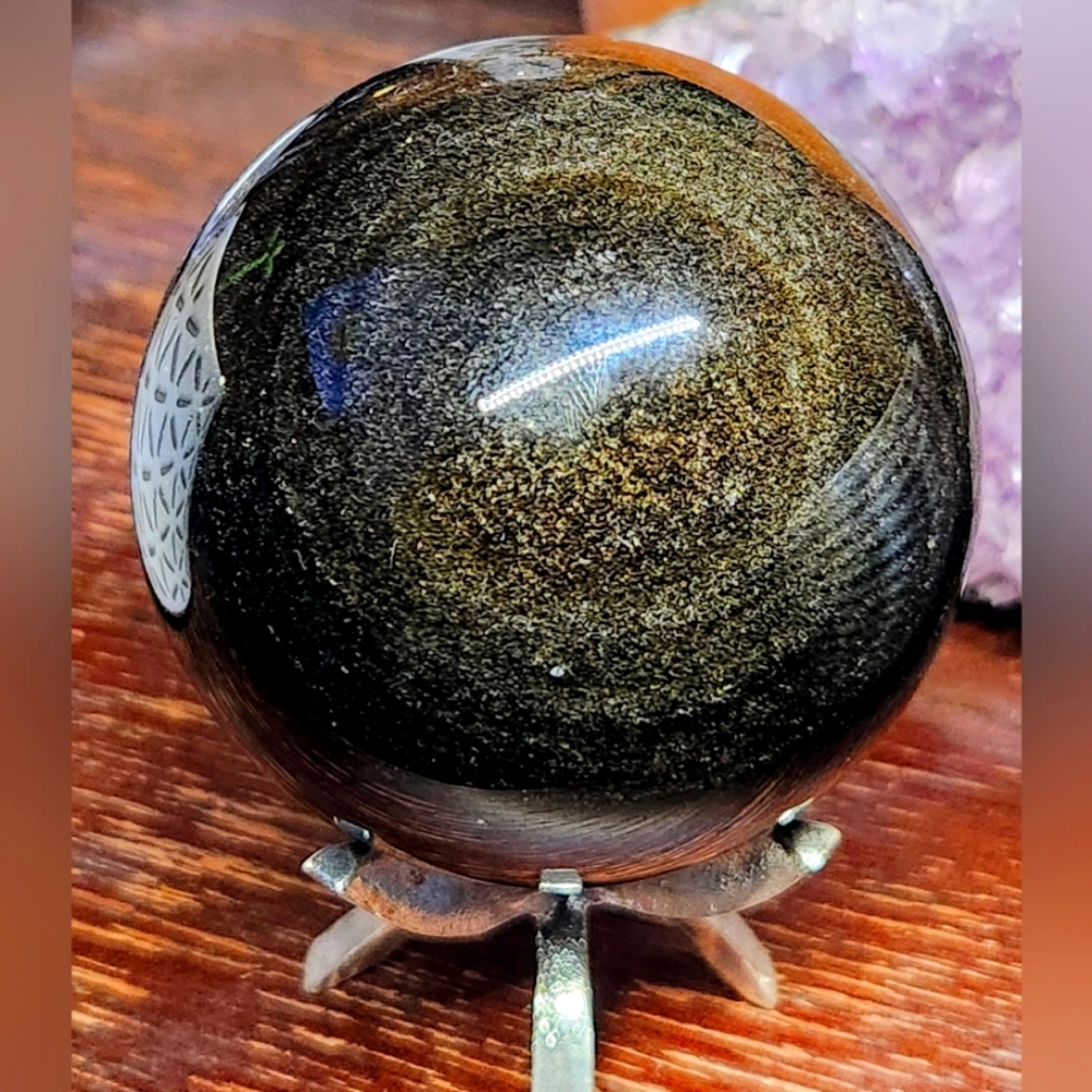 Golden Sheen Obsidian Sphere. Black Crystal Ball.